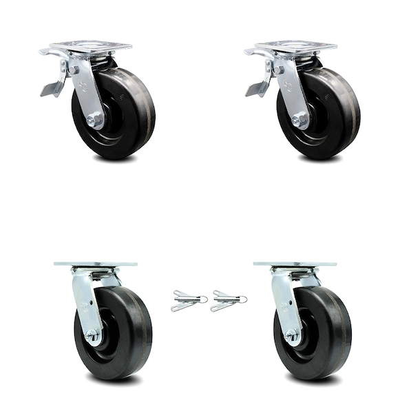 6 Inch Phenolic Caster Set with Roller Bearings 2 Brakes 2 Swivel Locks SCC